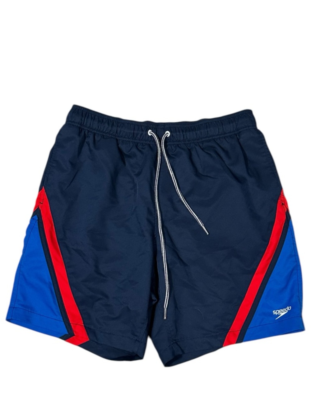 Speedo Men’s Swim Trunks Striped Blue Red Drawstring Pockets L